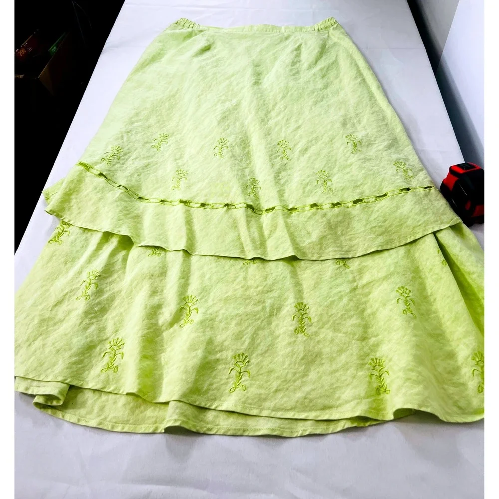 Danny Roberts‎ Linen 2 Piece Set L Lime Green Embroidered Boho Cottagecore 90s